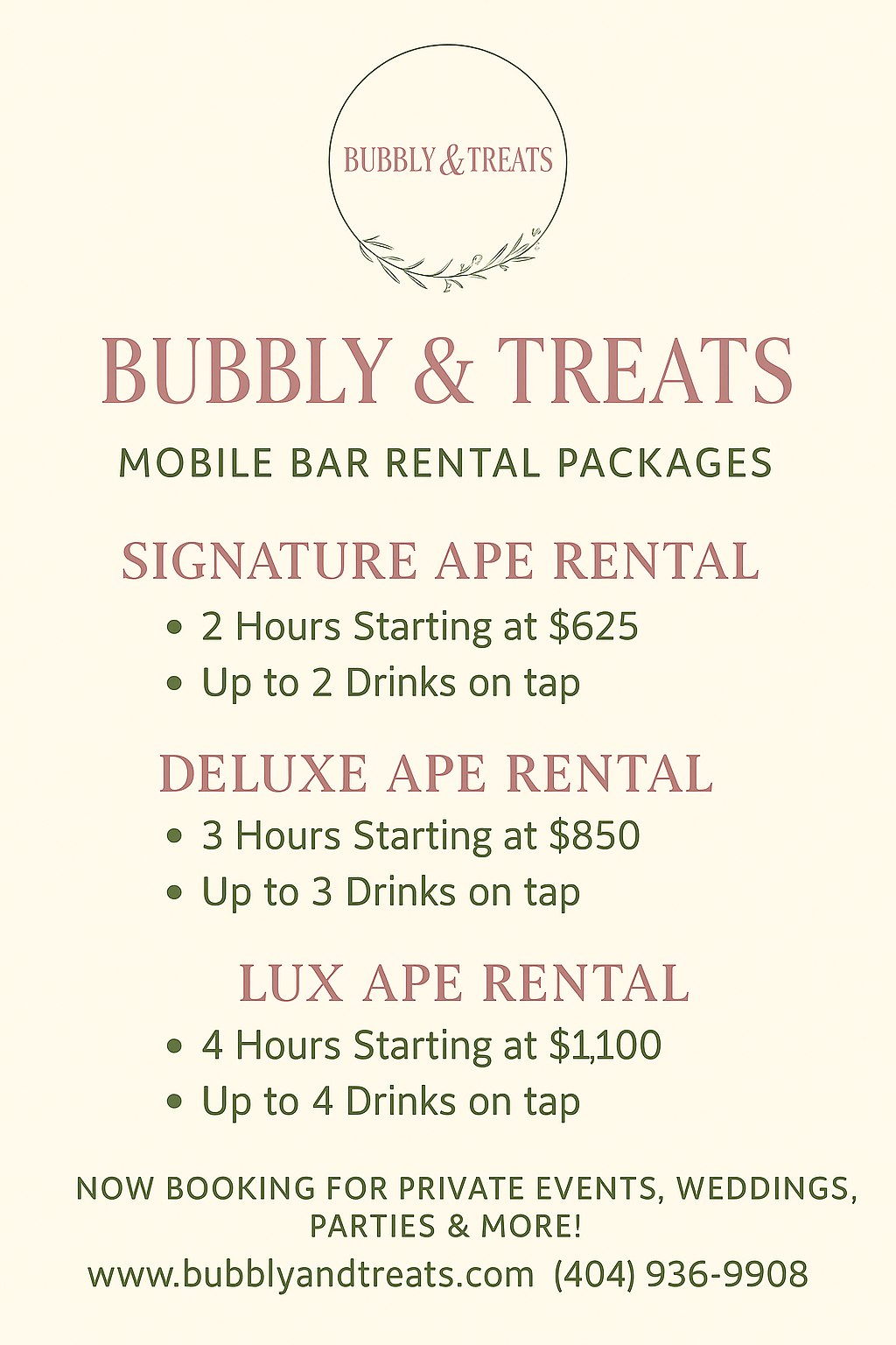 Bubbly & Treats Mobile Bar Service Price List